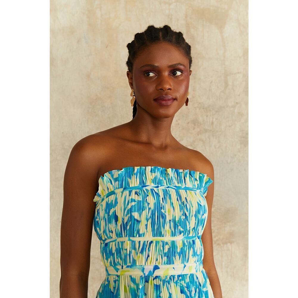 AMUR Scottie Pleated Blue Floral Strapless Midi Garden Party Dress Sz 4 NWOT - Picture 2 of 9